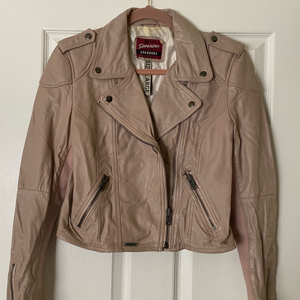 SuperDry Women’s Size Large Leather Jacket, Pink/Beige color